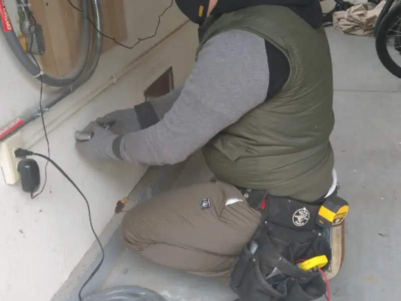 Electrician performing outlet wiring in a Forest garage
